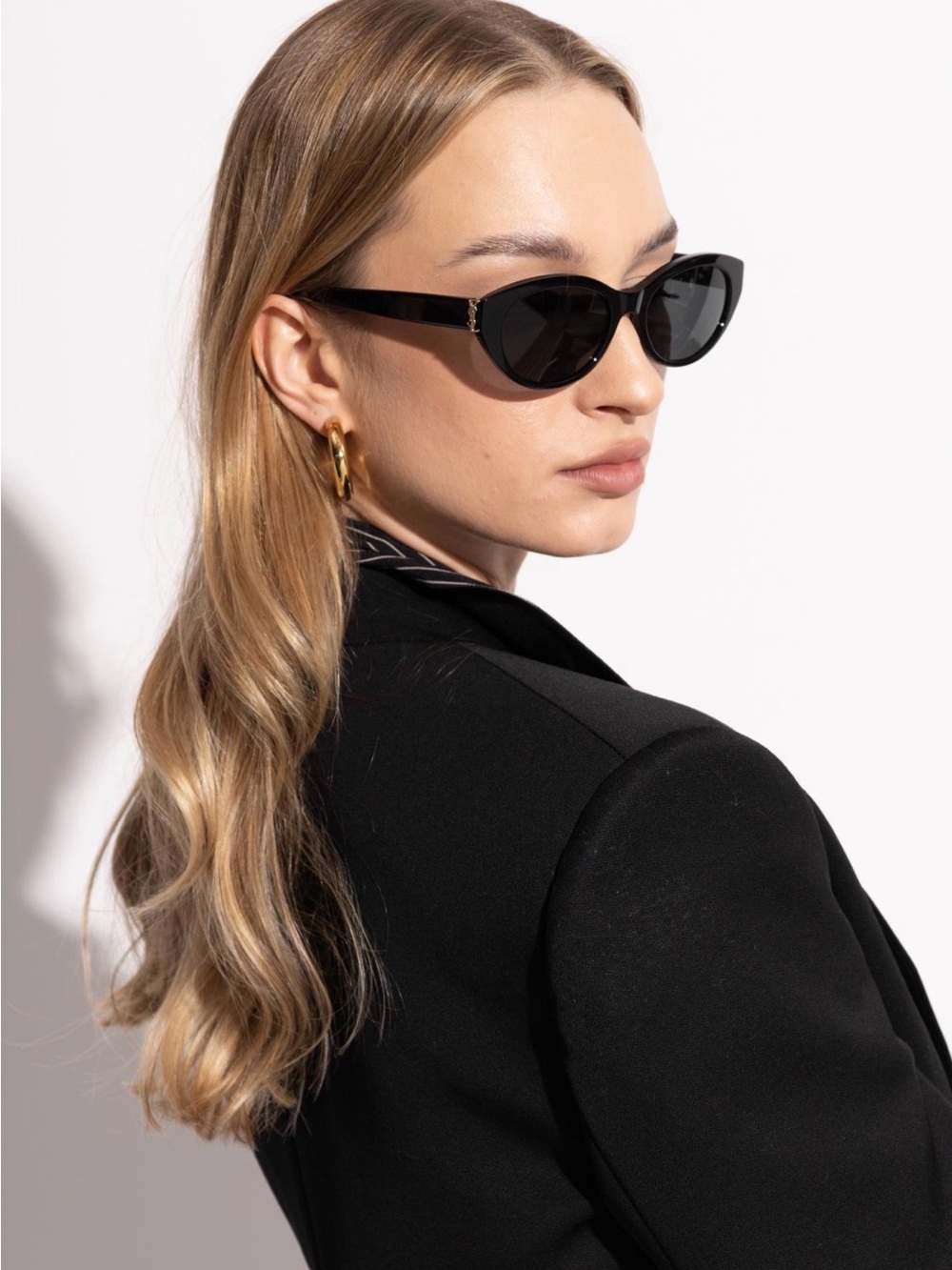 Saint Laurent SL M148 Black Oval Cat Eye Sunglasses Gold YSL Logo 54mm